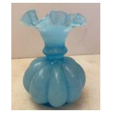 Fenton Blue Opalescent Ruffle Melon Vase
