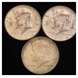 3 1964-D Kennedy half dollar coins