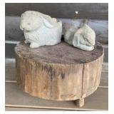 Stump Stool & Concrete Rabbits