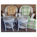 2 White Wicker Patio Chairs & 2 Side Tables
