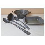 Gray Enamelware Colander, Pan, Ladle & Spoons