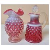 Fenton Cranberry Opalescent Hobnail Cruet & Vase