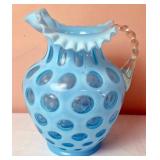Fenton Blue Opalescent Coin Dot Pitcher