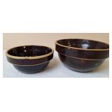 2 Small Brown Stoneware Crock Mixing Bowls