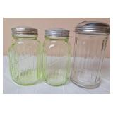 Green Depression Glass Spice Shakers, Sugar