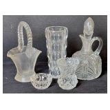 Clear Glass Cruet, Vase, Toothpick Holder, Salt