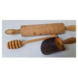 Grain Scoop, Wooden Rolling Pin & Honey Dipper