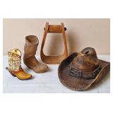 Cowboy Hat Bank, Carved Cowboy Boot & Stirrup