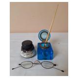 Blue Glass Inkwell and Anchor Bead Dip Pen
