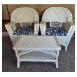 2 White Wicker Patio Chairs & Side Table