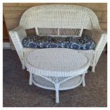 White Wicker Loveseat & Oval Wicker Table