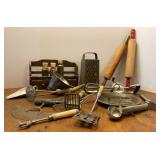 Vtg Kitchen Utensils, Spice Rack & Pie Tin