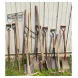 Shovels, Potato Forks, pick axe, rake