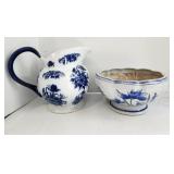 Blue & White Porcelain Pitcher & bowl