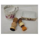 2 lather brushes, mustache mug