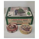 Large Christmas tree stand & tins