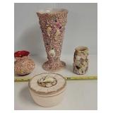 Seashell art. 3 vases & covered dish