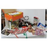 Christmas decor, ribbon, bags+