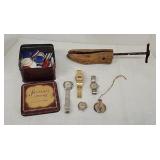 Compass, broken watches, poker chips+