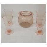 4 pink, etched pilsner & vase