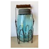 Antique Blue Ball Jar & Wire Holder