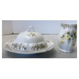 Vtg Hand Painted Butter Dish & Vase