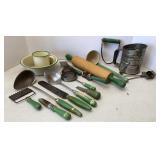 Vtg Green Wooden Handled Kitchen Utensils