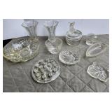 Glass vases, candy dish, flower frog