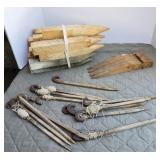 Tent posts, wood, cast iron, all 12" long