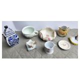 Porcelain china cups, ashtray, pitcher