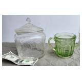 Depression Glass Cracker Jar & cup