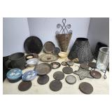 Metal drinking cups, lamp shade, candle holders