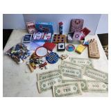 Decks of cards, dice, jacks, play money