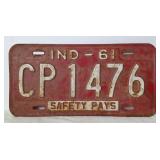 1961 Indiana "Safety Pays" License Plate