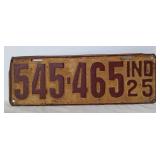 1925 Indiana License Plate