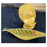 Mid-Century Yellow Ceramic Bust, Fish Accent Dish