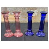 Indiana Glass Cobalt and Pink Candlesticks