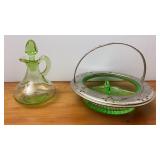 Vaseline Glass Divided Relish & Oil Carafe