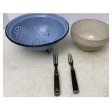 Stoneware Bowl, Enamel Colander & forks