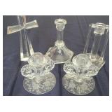 Crystal (?) Candle Holders (4) & Cross