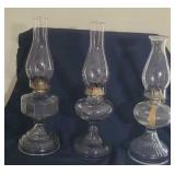 Three Antique Oil Lamps with Brass Fixtures
