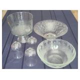 3 Glass/Crystal Serving Bowls & 3 Candle Holders