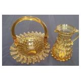 Vintage Fenton Amber Art Glass Pitcher and Basket
