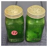 Vintage Green Glass Waffle Salt & Pepper Shakers