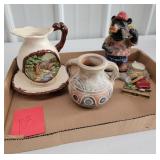 pictcher and bowl, Aztec pot, and bear, and shelf