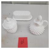 Hobnail milk glass butter dish, cruet
