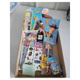 toy story books, pencils, stickers