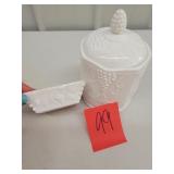 milk glass jar with lid and ashtray