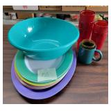 Plastic bowl, plates, cups, and glass coffee