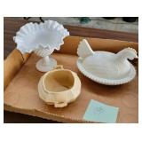 milk glass hobnail compote, chicken on nest